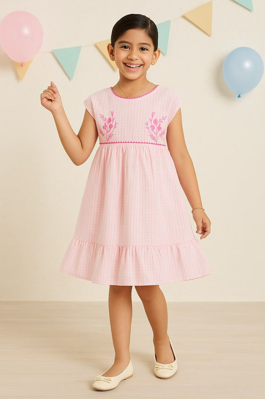 Pink girls sleeveless fit and flare dress with ruffle detailing and flared hem