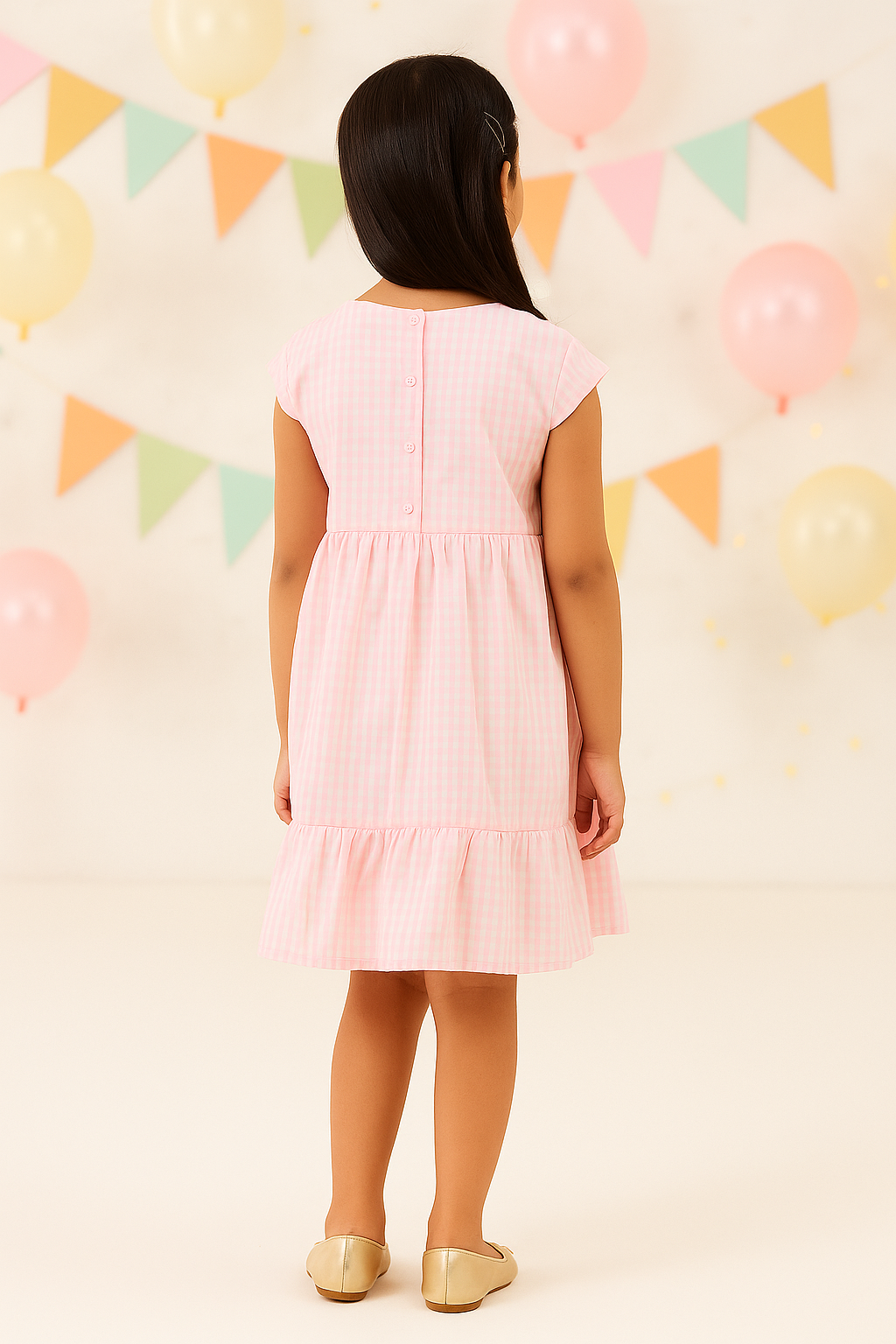 Pink girls sleeveless fit and flare dress with ruffle detailing and flared hem