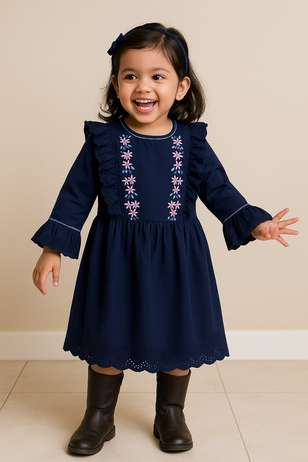 Navy blue girls cold shoulder dress with ruffle sleeves and flared hem