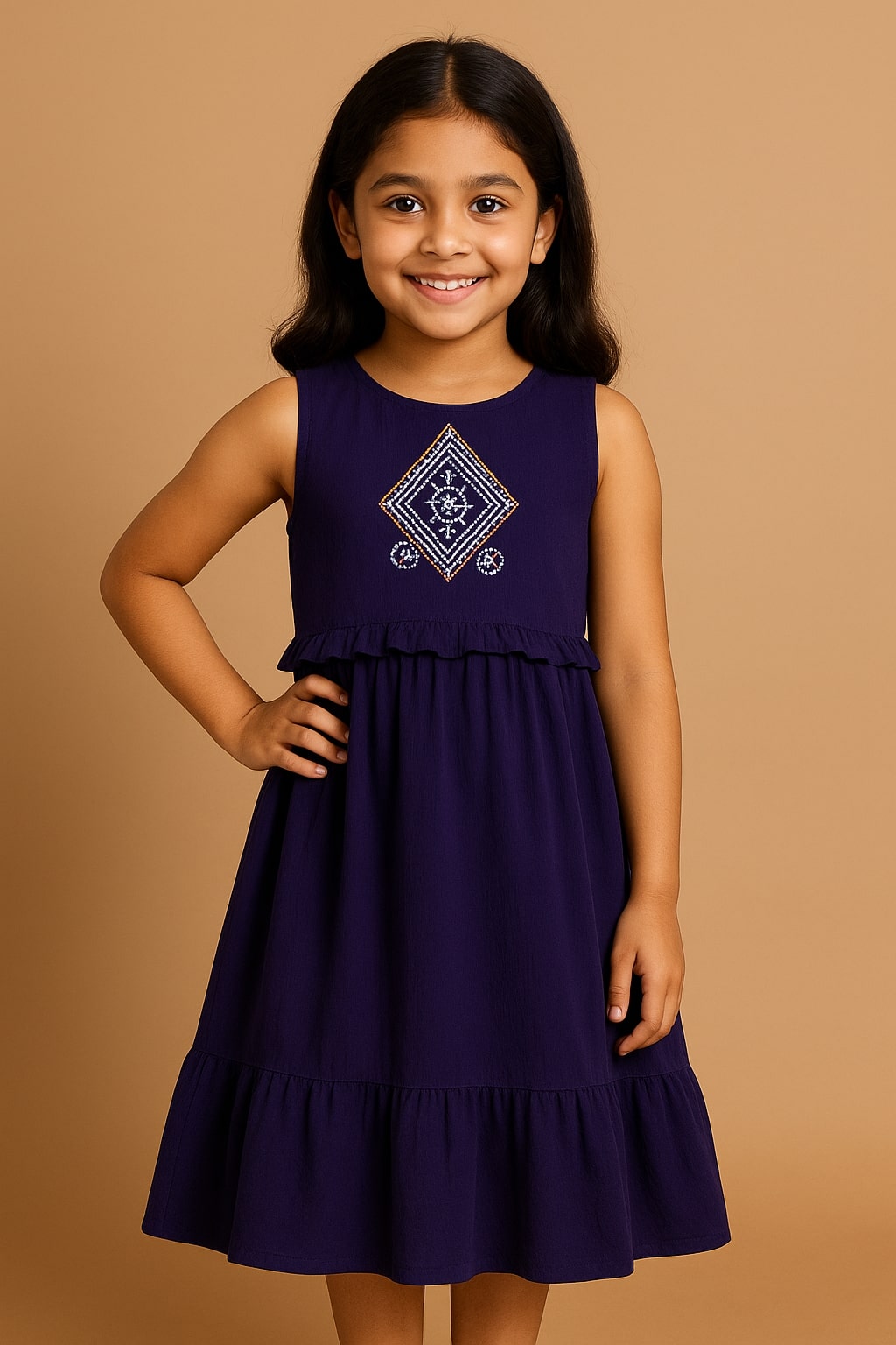 Navy blue girls sleeveless velvet fit and flare dress with embellished waist
