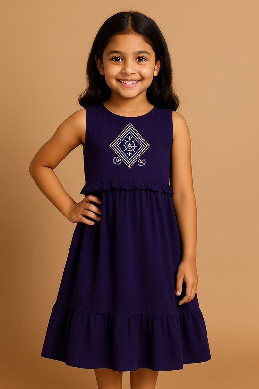 Navy blue girls sleeveless velvet fit and flare dress with embellished waist