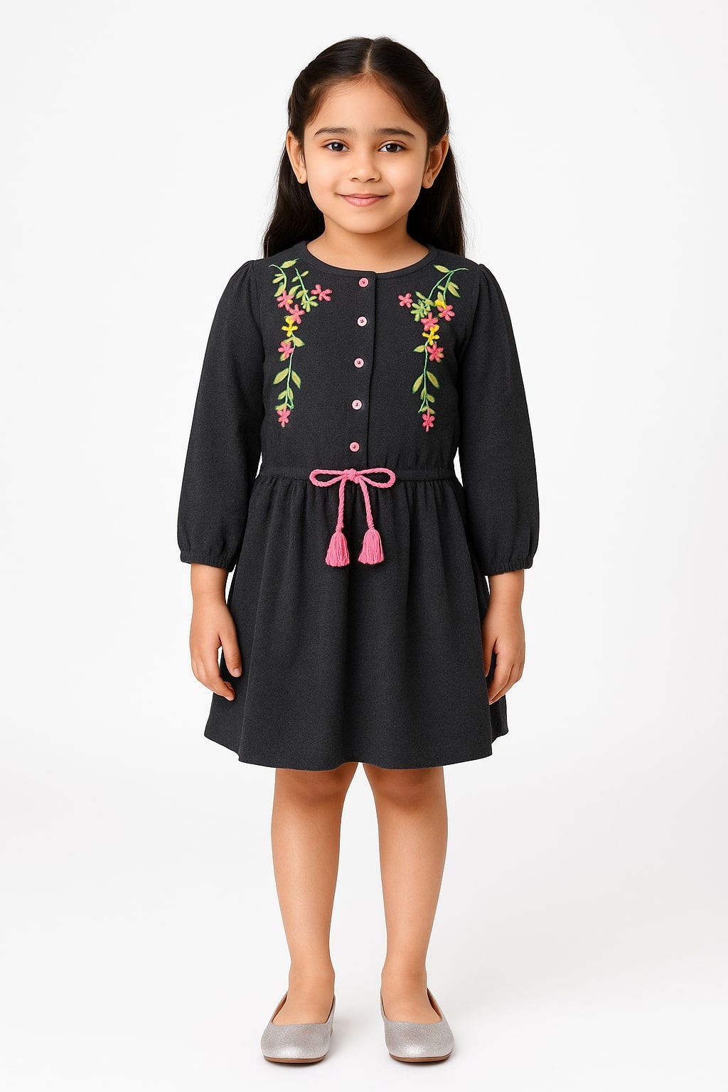 Girls Embroidered Long Sleeve Black Dress