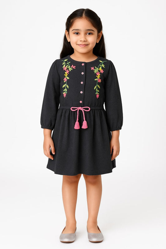 Girls Embroidered Long Sleeve Black Dress