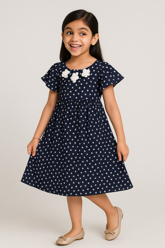 Black girls short sleeve fit and flare dress with floral embroidery and flared hem