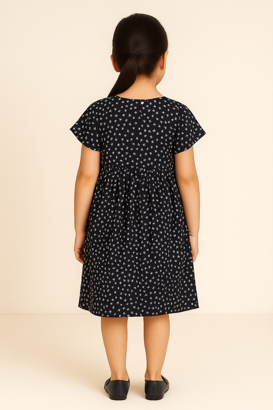 Black girls short sleeve fit and flare dress with floral embroidery and flared hem
