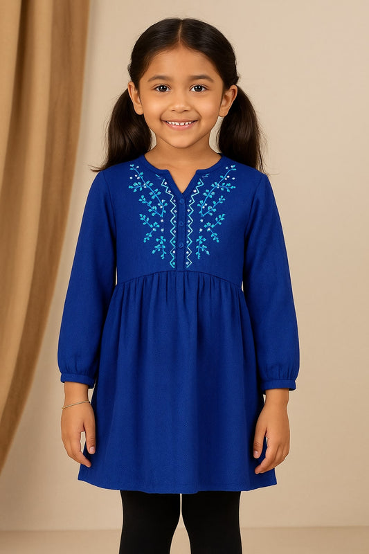 Royal blue girls long sleeve collared top with front button detailing