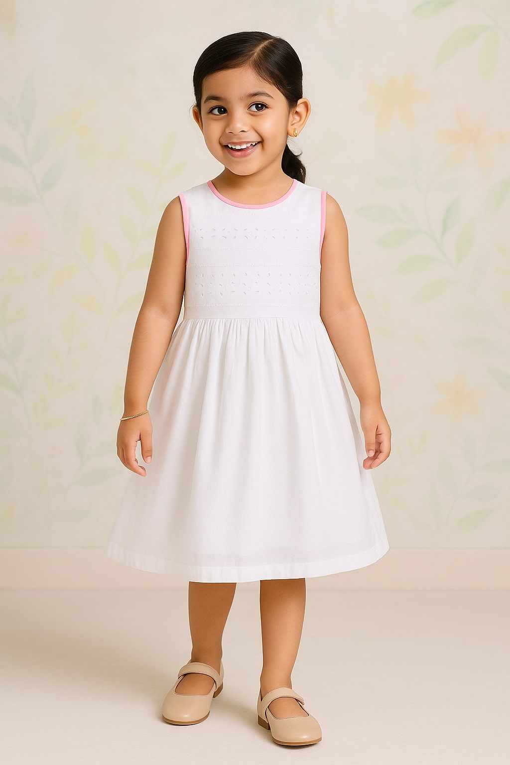 White girls sleeveless fit and flare dress with delicate detailing and flared hem