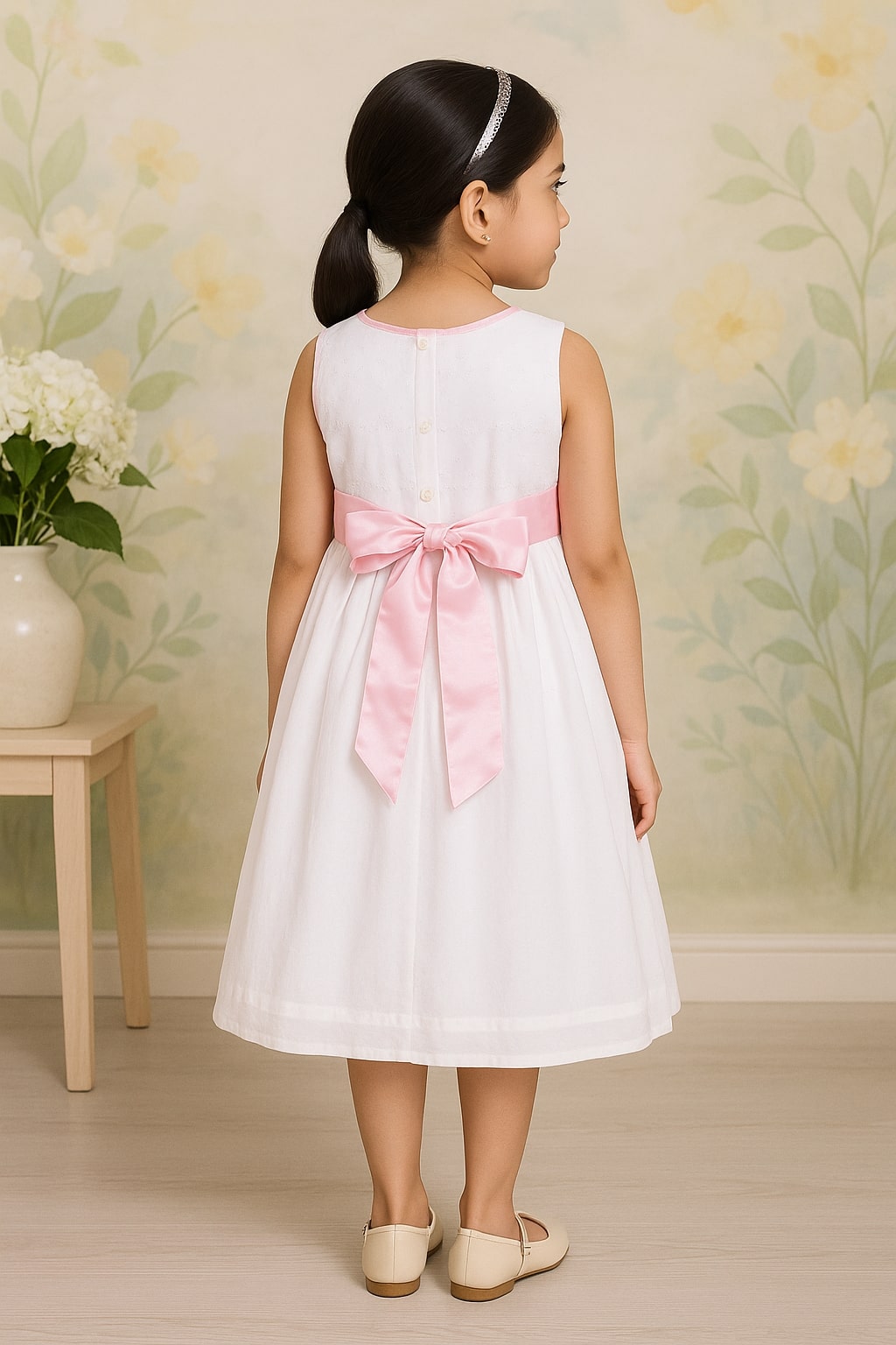 White girls sleeveless fit and flare dress with delicate detailing and flared hem
