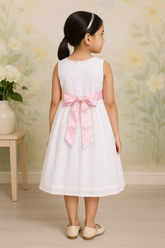 White girls sleeveless fit and flare dress with delicate detailing and flared hem