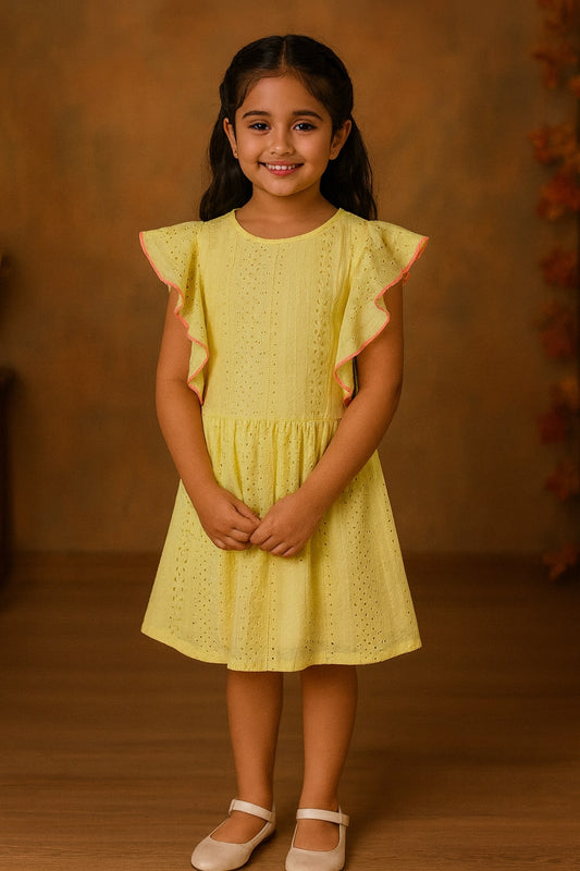 Yellow girls sleeveless fit and flare dress with ruffle detailing and flared hem