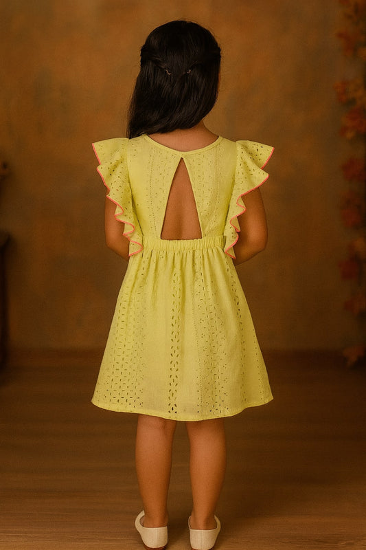Yellow girls sleeveless fit and flare dress with ruffle detailing and flared hem