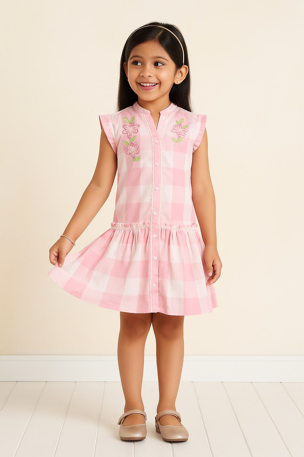 Pink and white checked girls sleeveless A-line dress with ruffle detailing and flared hem