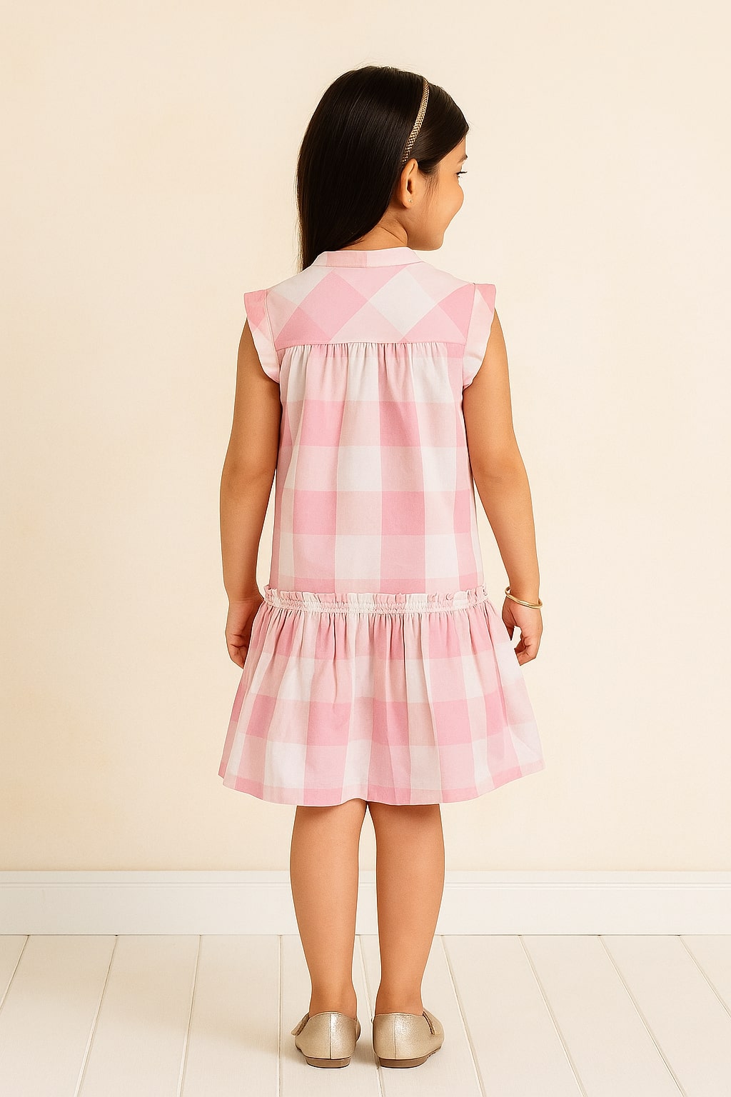 Pink and white checked girls sleeveless A-line dress with ruffle detailing and flared hem