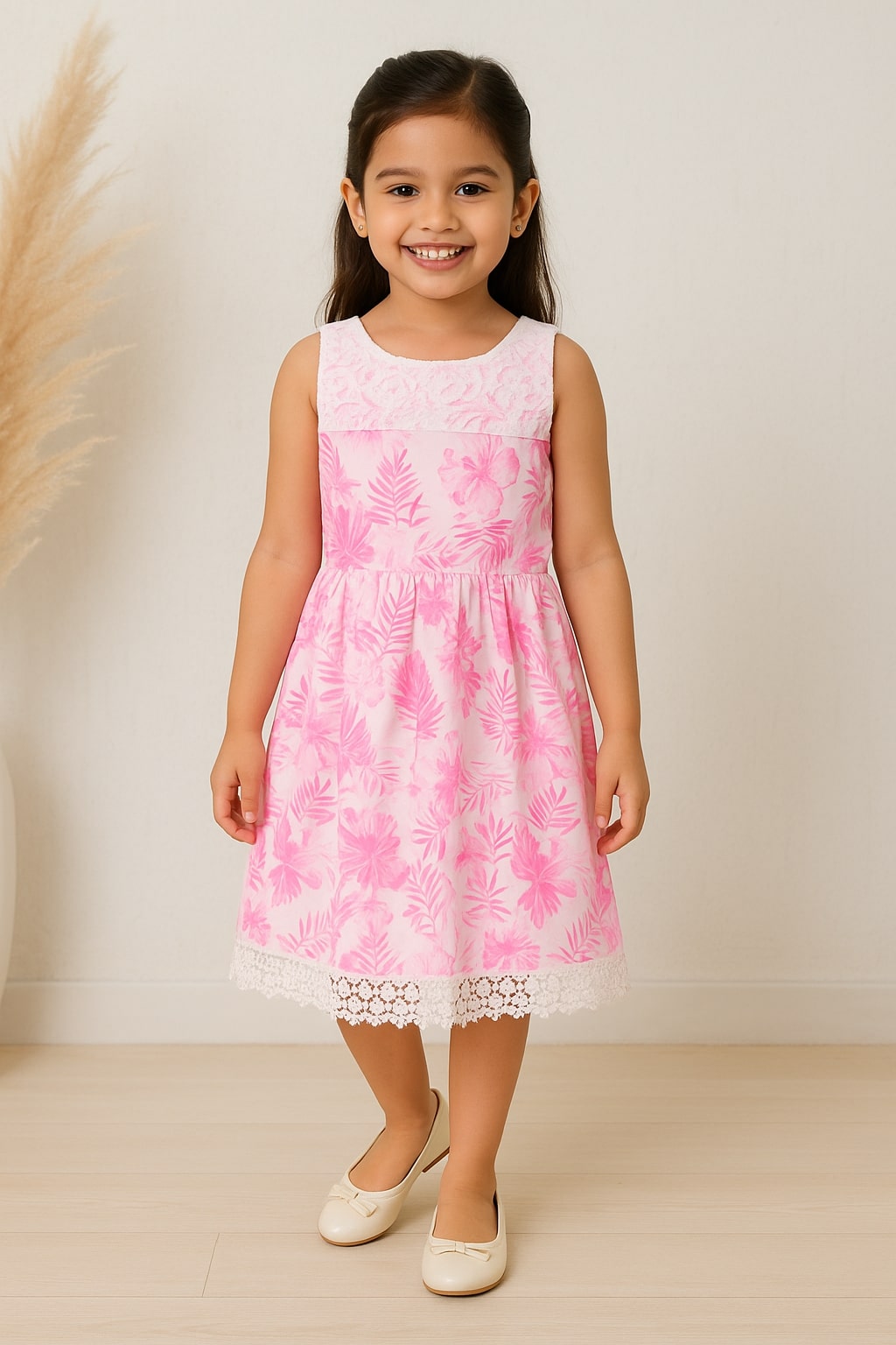 Pink floral printed girls sleeveless fit and flare dress with lace trim and flared hem