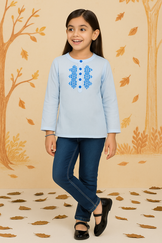 Blue and white girls long sleeve top with ruffle front detailing