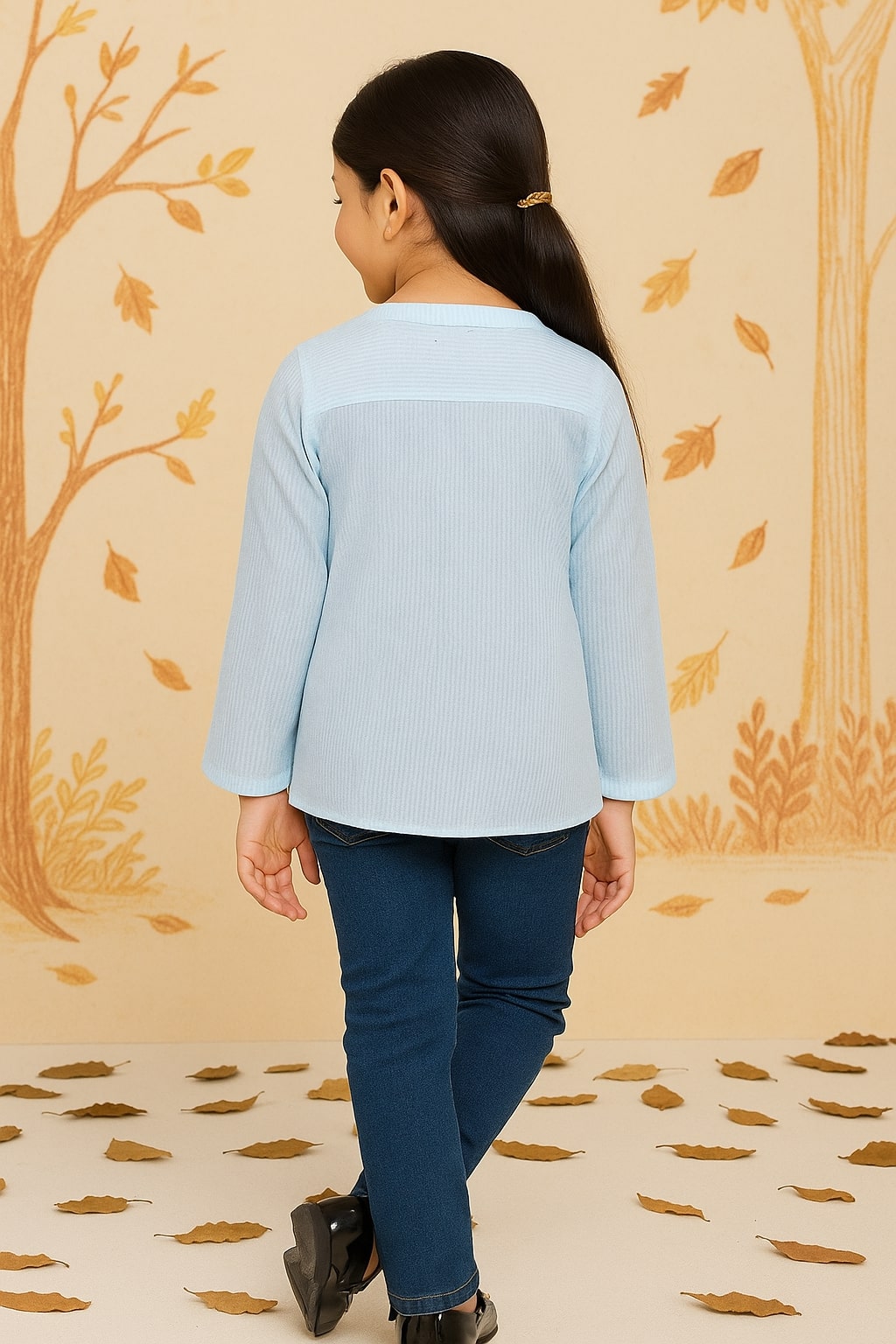 Blue and white girls long sleeve top with ruffle front detailing
