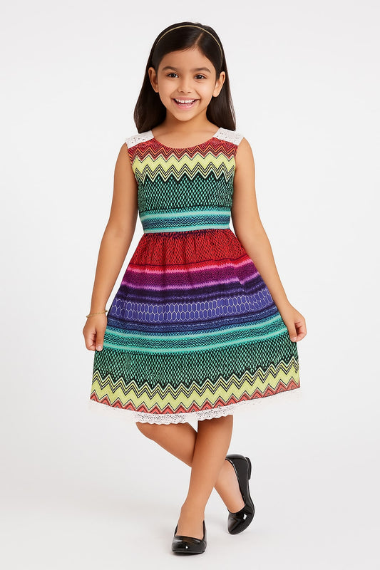 Multicolour striped girls sleeveless fit and flare dress with gathered waist and flared skirt