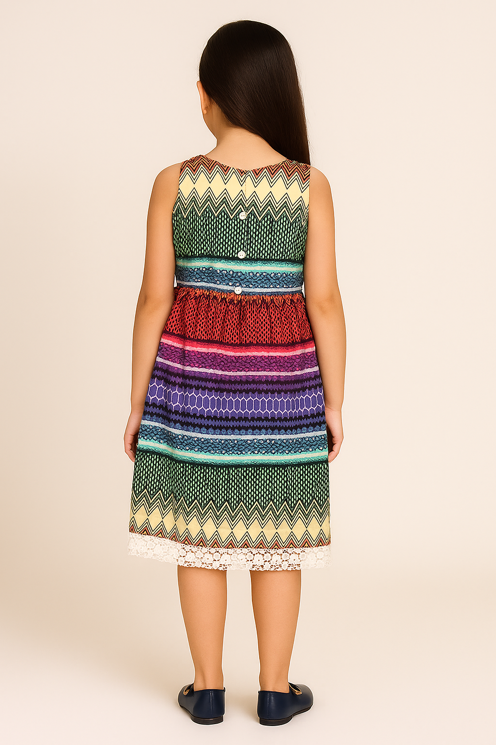 Multicolour striped girls sleeveless fit and flare dress with gathered waist and flared skirt