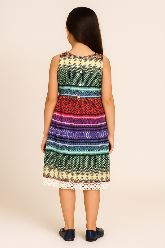 Multicolour striped girls sleeveless fit and flare dress with gathered waist and flared skirt