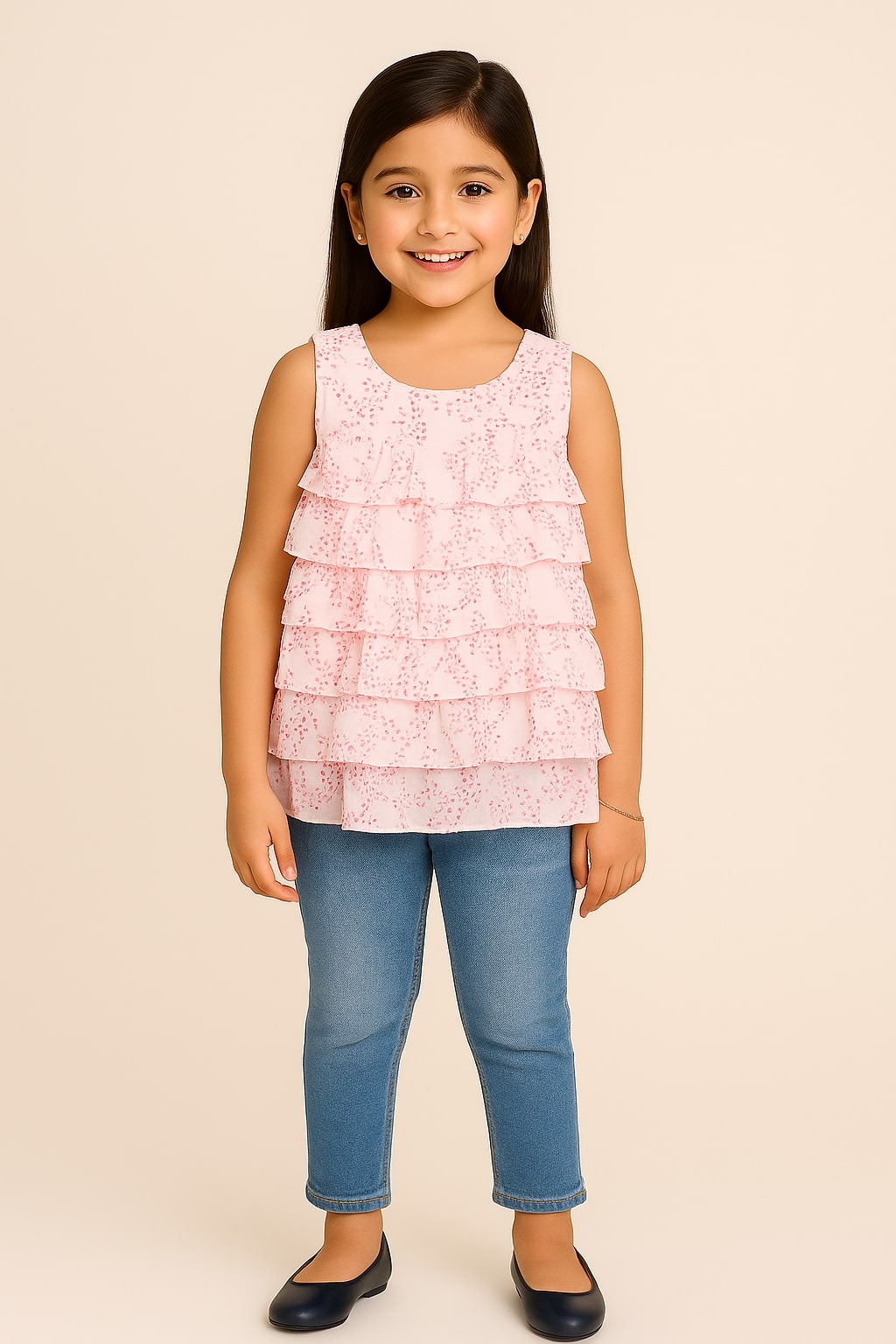 Light pink girls sleeveless layered ruffle dress with floral print and flared hem