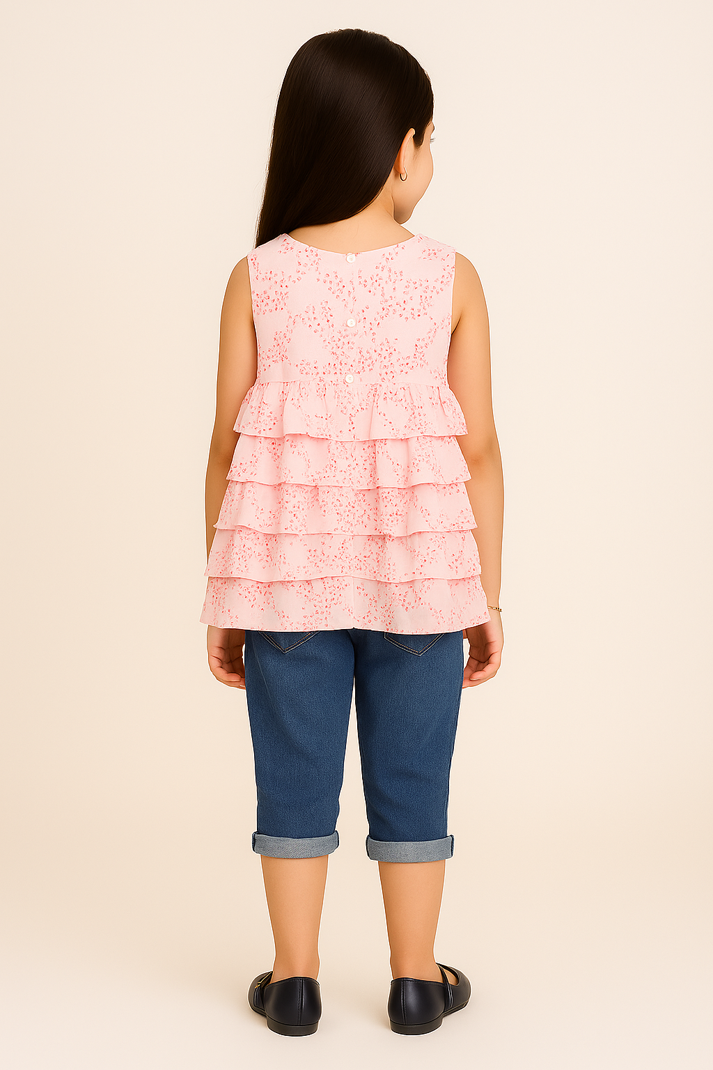 Light pink girls sleeveless layered ruffle dress with floral print and flared hem