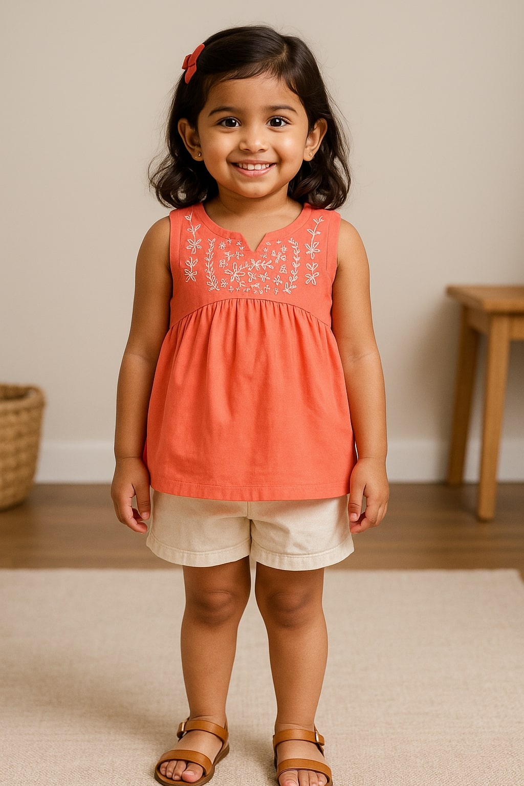 Coral girls sleeveless fit and flare dress with gathered waist and flared hem