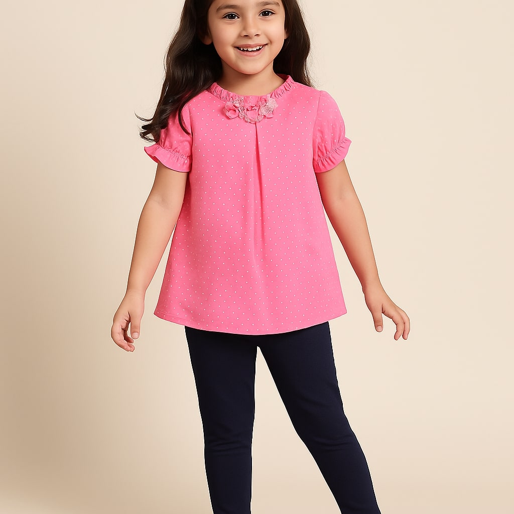 Pink girls short sleeve polo dress with contrast collar and button detailing