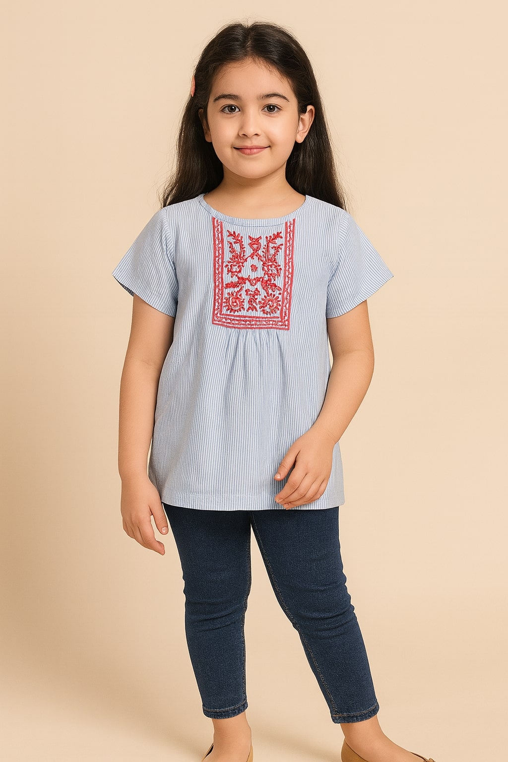 White and blue girls short sleeve dress with red graphic print and flared hem