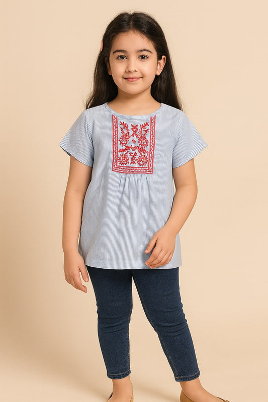 White and blue girls short sleeve dress with red graphic print and flared hem