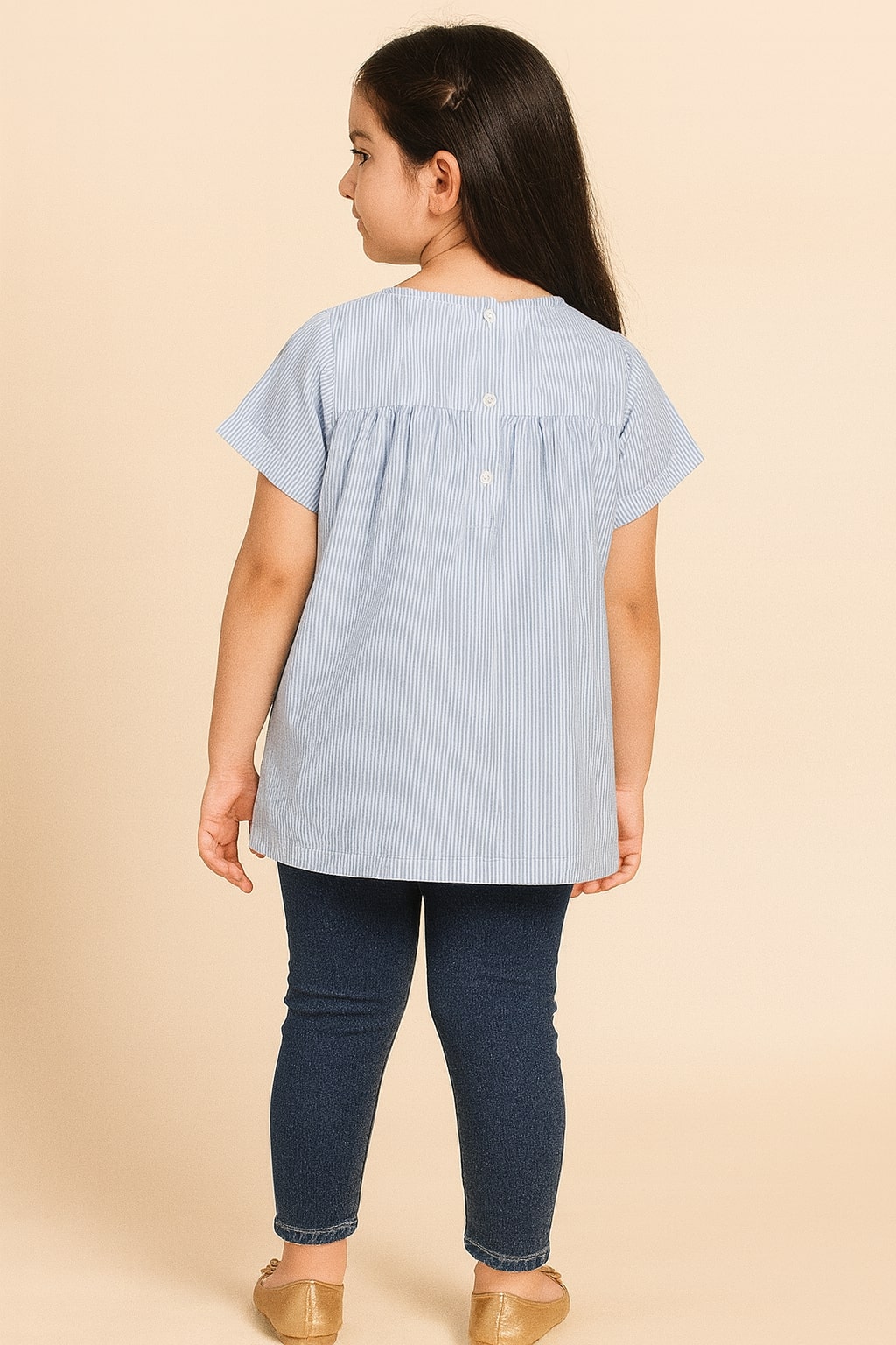 White and blue girls short sleeve dress with red graphic print and flared hem