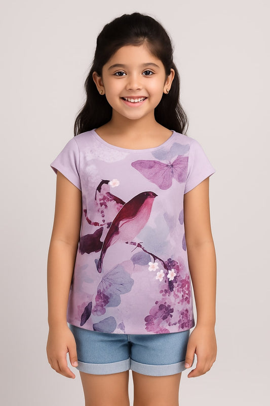 White girls short sleeve top with pink and purple butterfly graphic print
