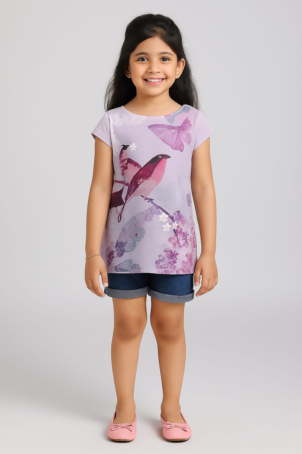 White girls short sleeve top with pink and purple butterfly graphic print