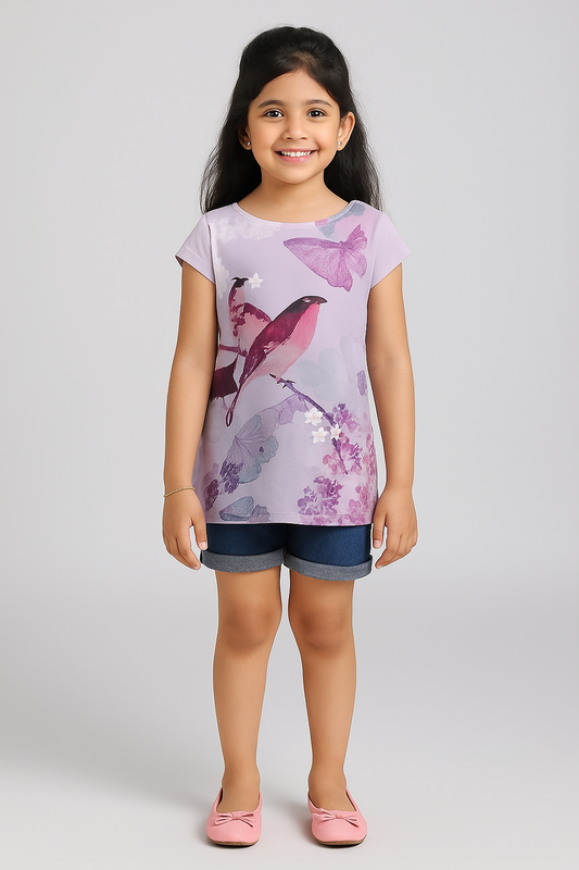 White girls short sleeve top with pink and purple butterfly graphic print