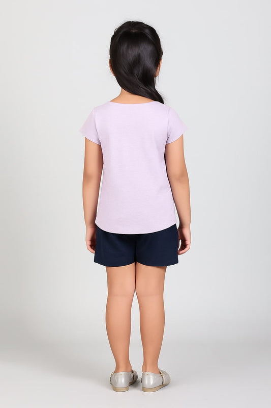 White girls short sleeve top with pink and purple butterfly graphic print