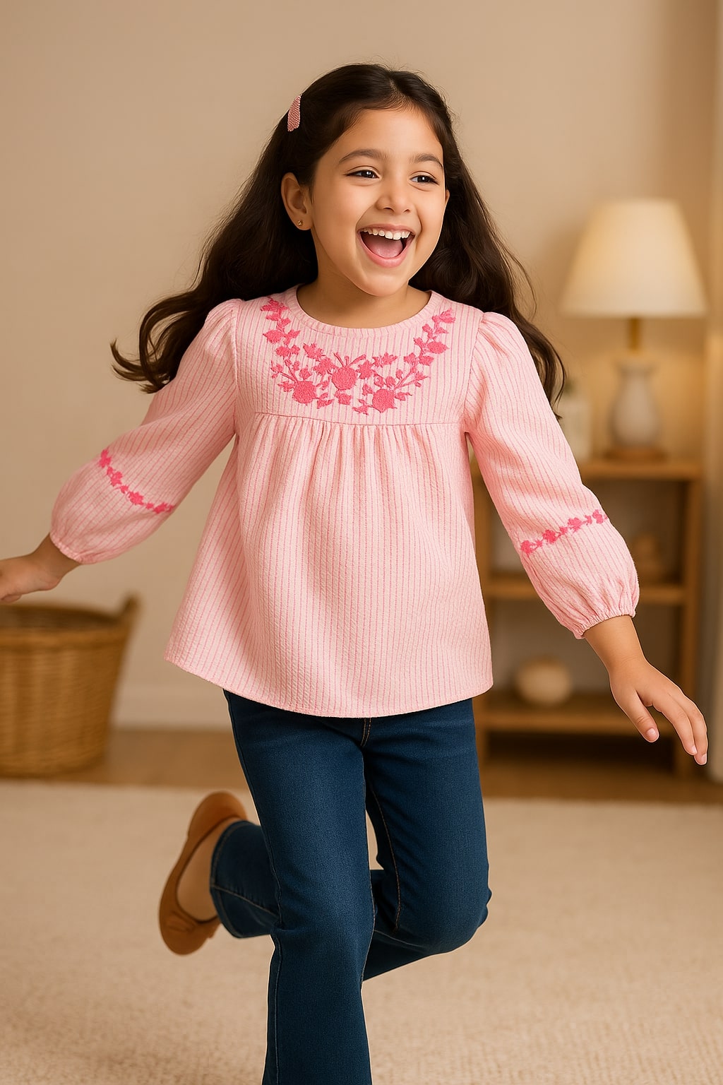 Pink girls short sleeve top with ruffle neckline and gathered sleeve detailing