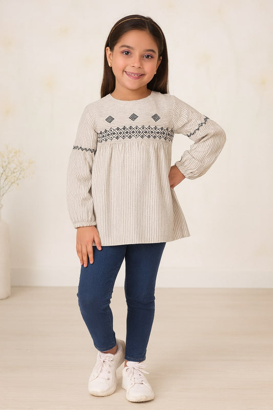 Beige girls long sleeve printed top with ruffle detailing and casual fit