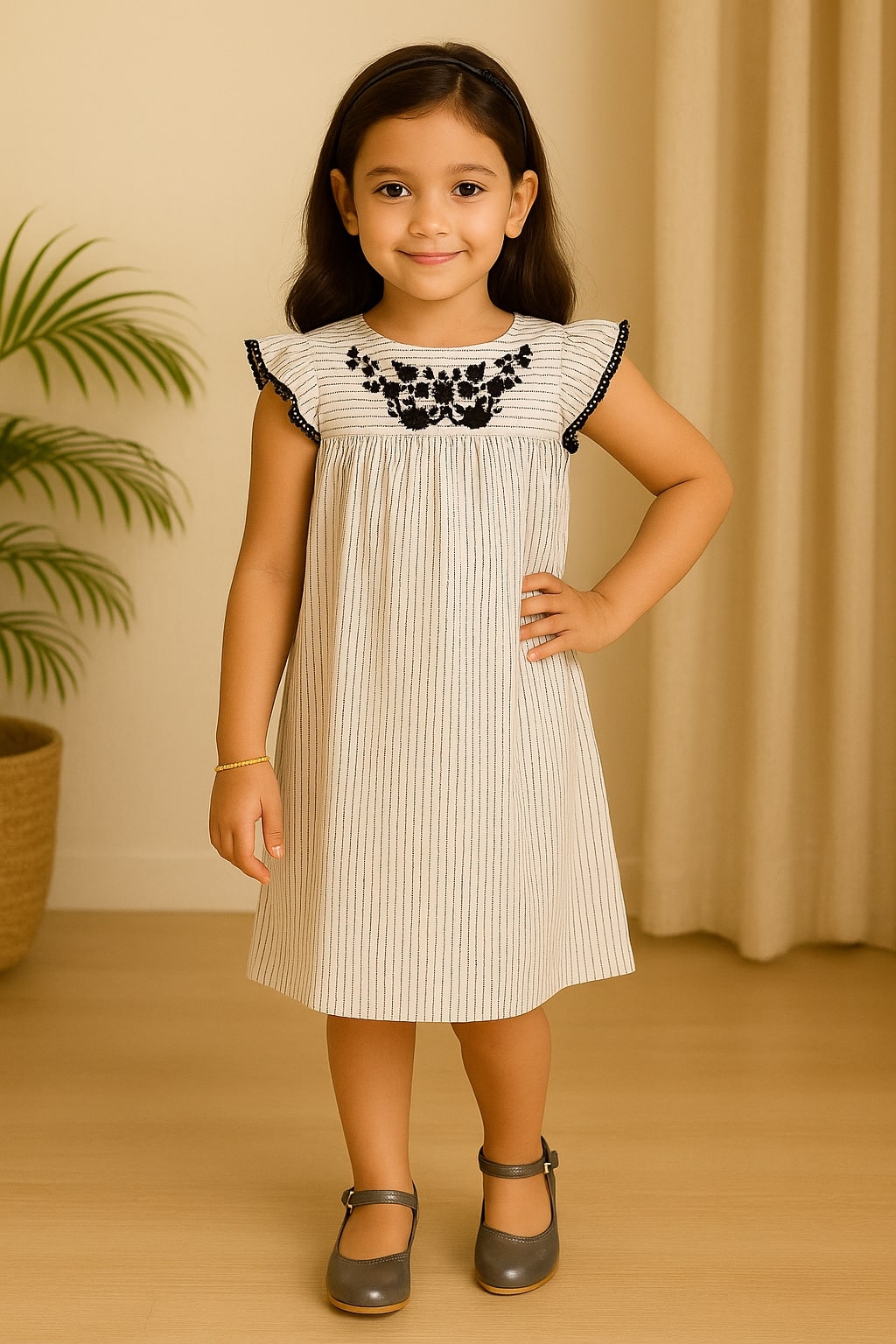 White girls short sleeve A-line dress with black embroidered neckline and flared hem