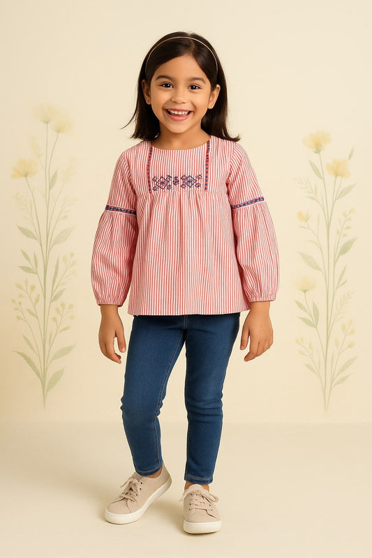 Girls Pink Striped Embroidered Top