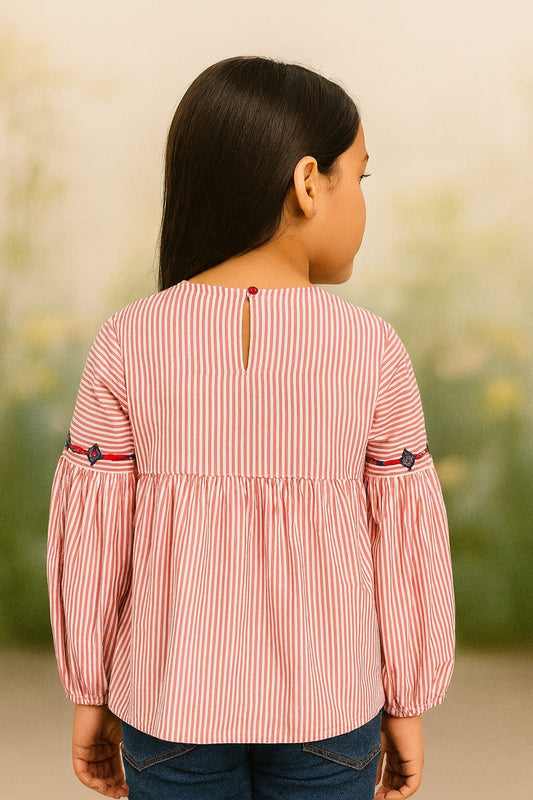 Girls Pink Striped Embroidered Top