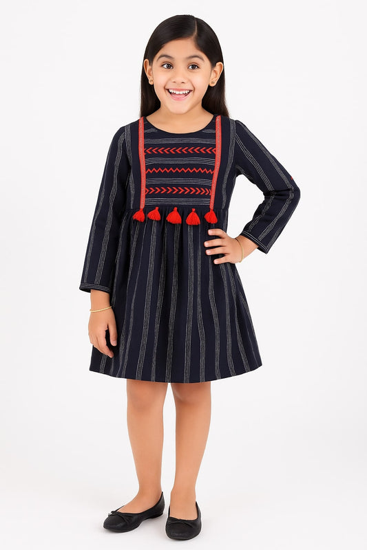 Girls Striped Embroidered Midi Dress