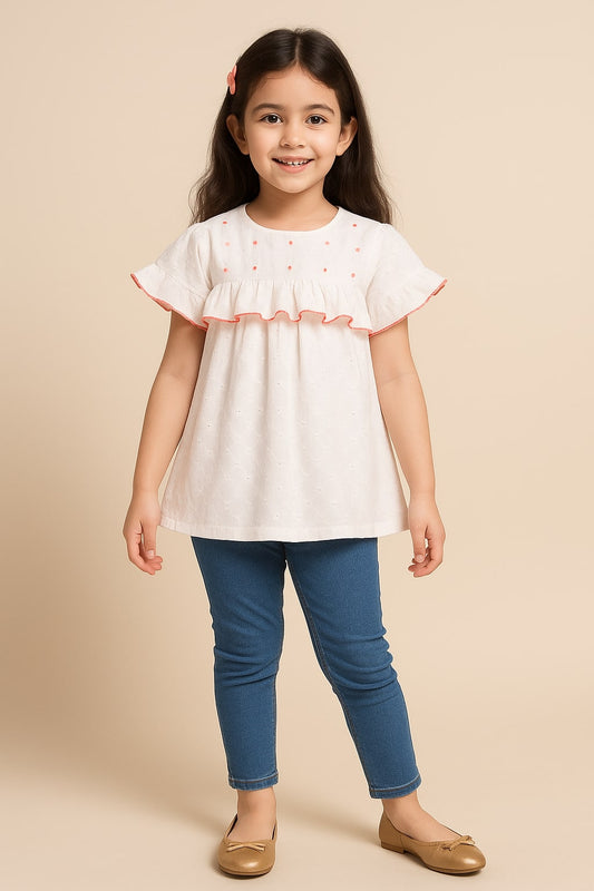 White girls short sleeve striped dress with ruffle sleeves and flared hem