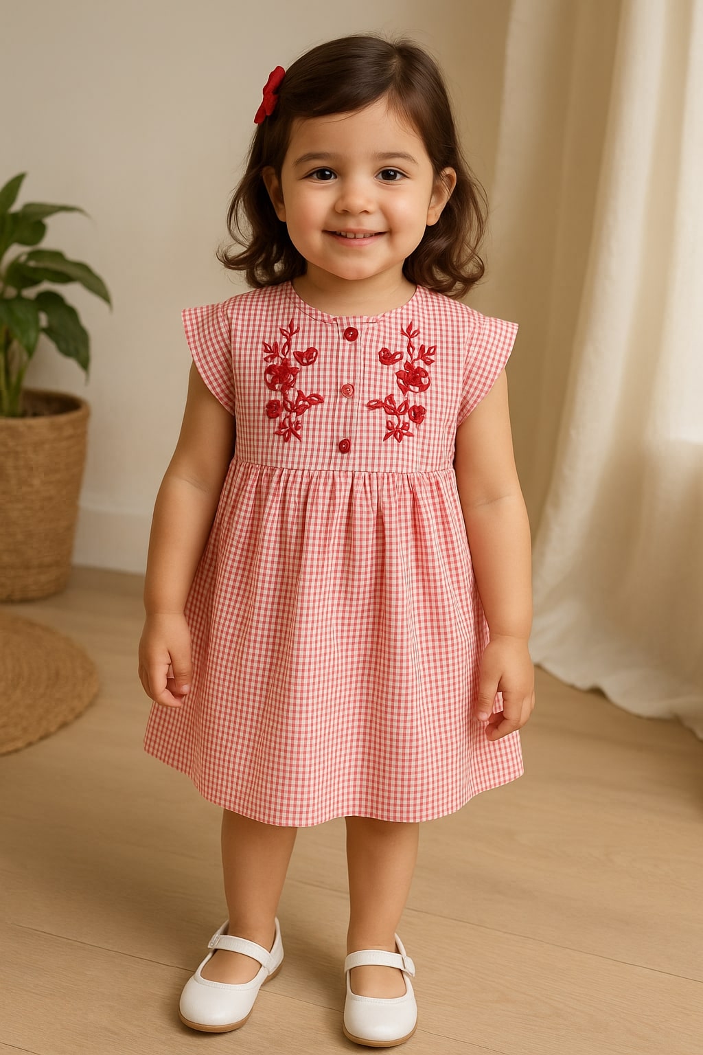 Pink girls sleeveless A-line dress with ruffle detailing and flared hem