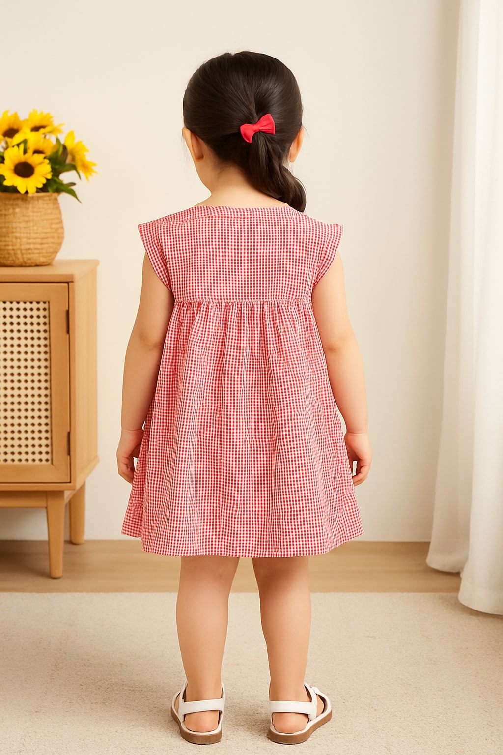 Pink girls sleeveless A-line dress with ruffle detailing and flared hem