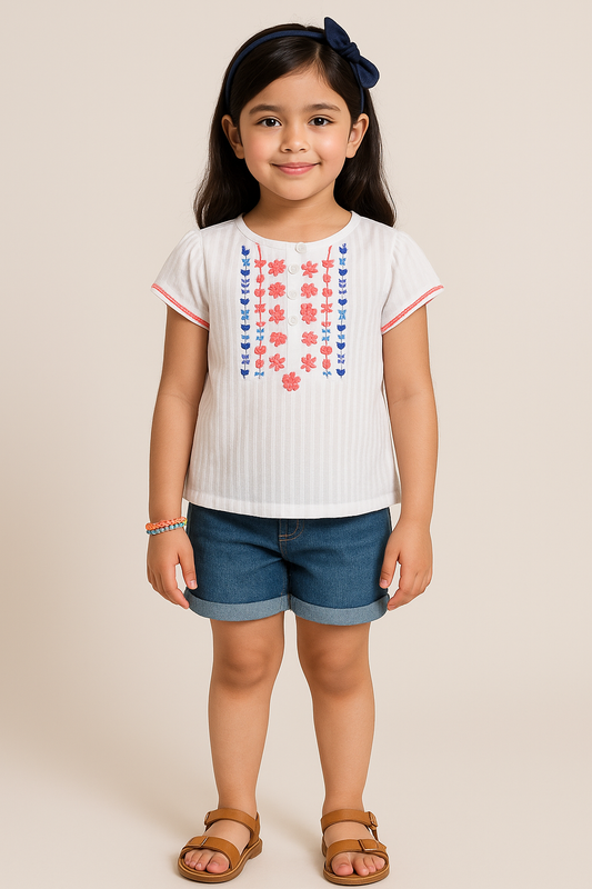 White girls short sleeve top with pink ruffle front detailing
