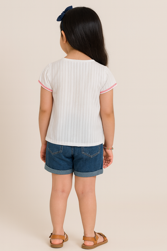 White girls short sleeve top with pink ruffle front detailing