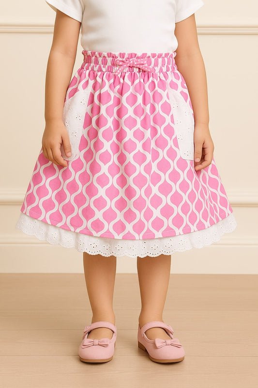 White and pink floral printed girls tiered skirt with ruffle detailing
