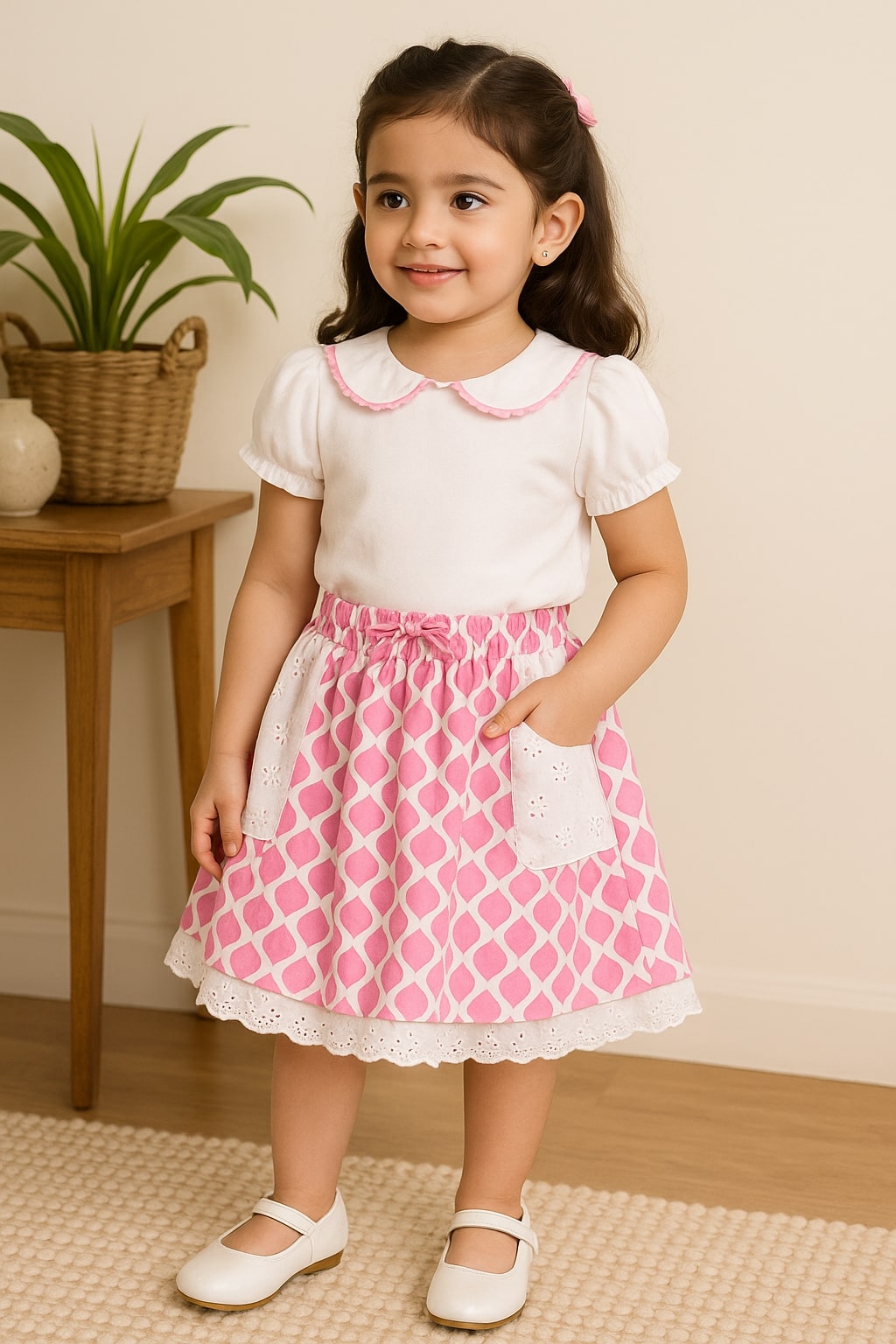 White and pink floral printed girls tiered skirt with ruffle detailing