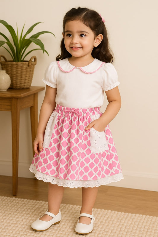 White and pink floral printed girls tiered skirt with ruffle detailing