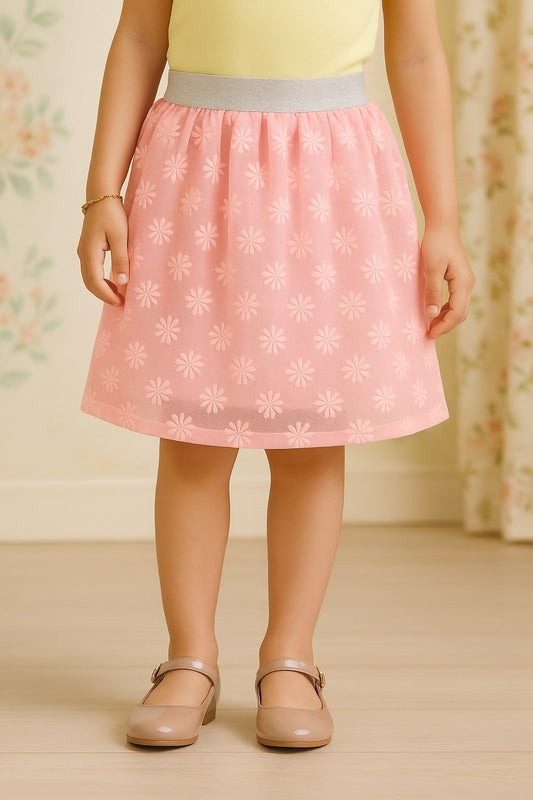 Pink girls polka dot flared skirt with elasticated waist and layered hem