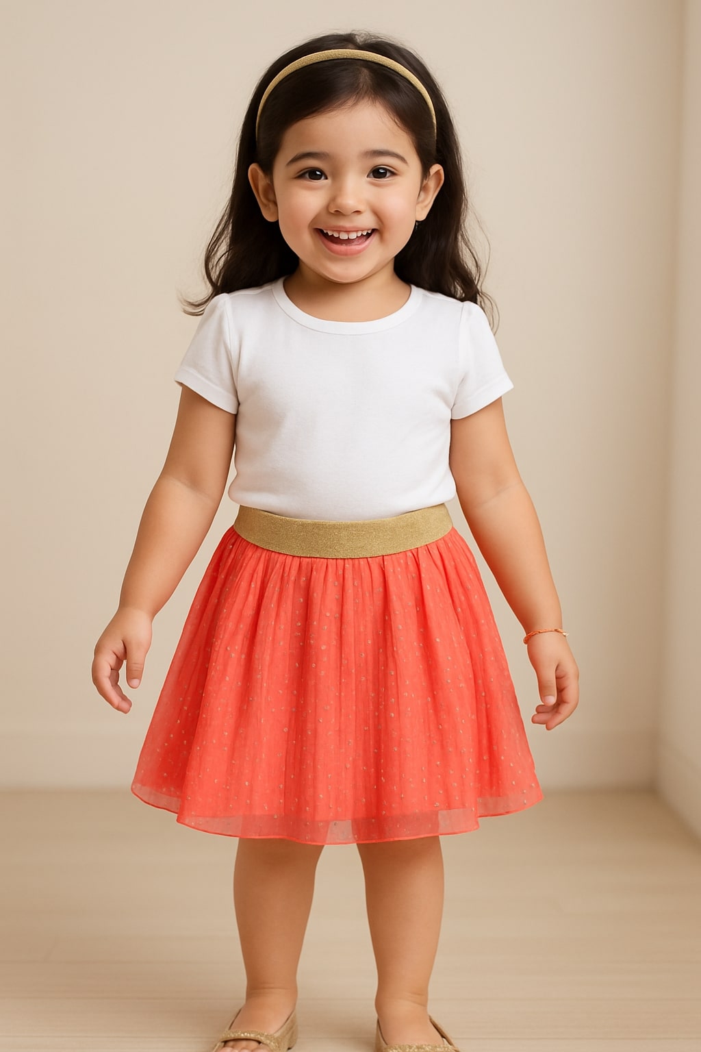 Coral girls flared skirt with gathered waist and pleated detailing